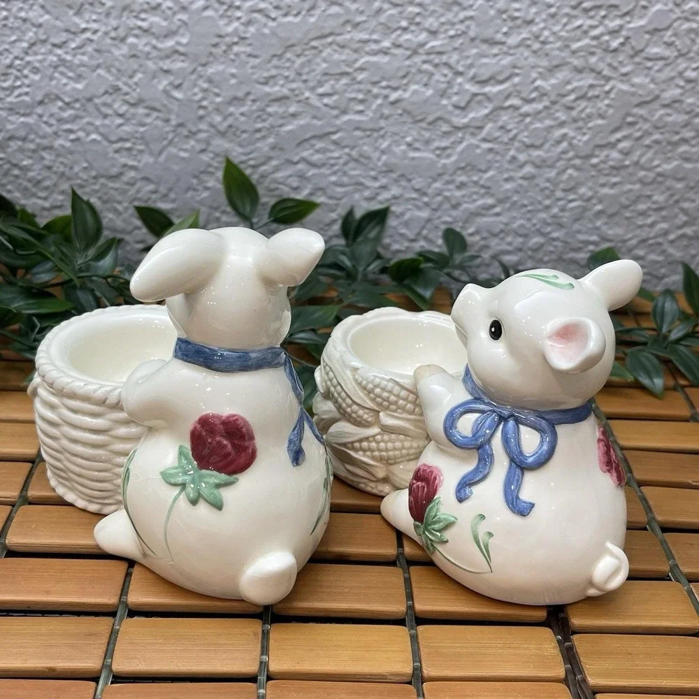 Vintage Lenox Poppies on Blue Barnyard Bunny Rabbit & Pig Votive Candle Holders